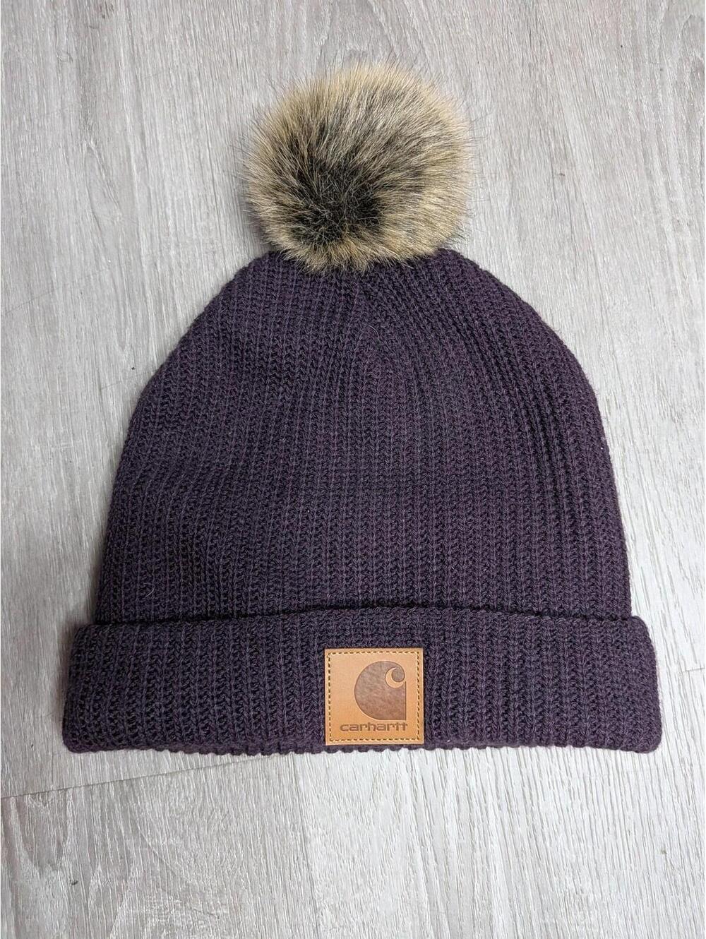 Carhartt Hat Beanie Womens One Size Purple Faux Fur Pom Fleece Lined Winter